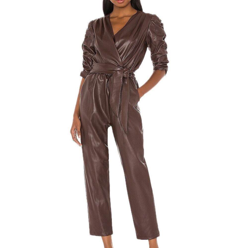 Amanda Uprichard Chocolate Brown Belted Annika Faux Leather Jumpsuit